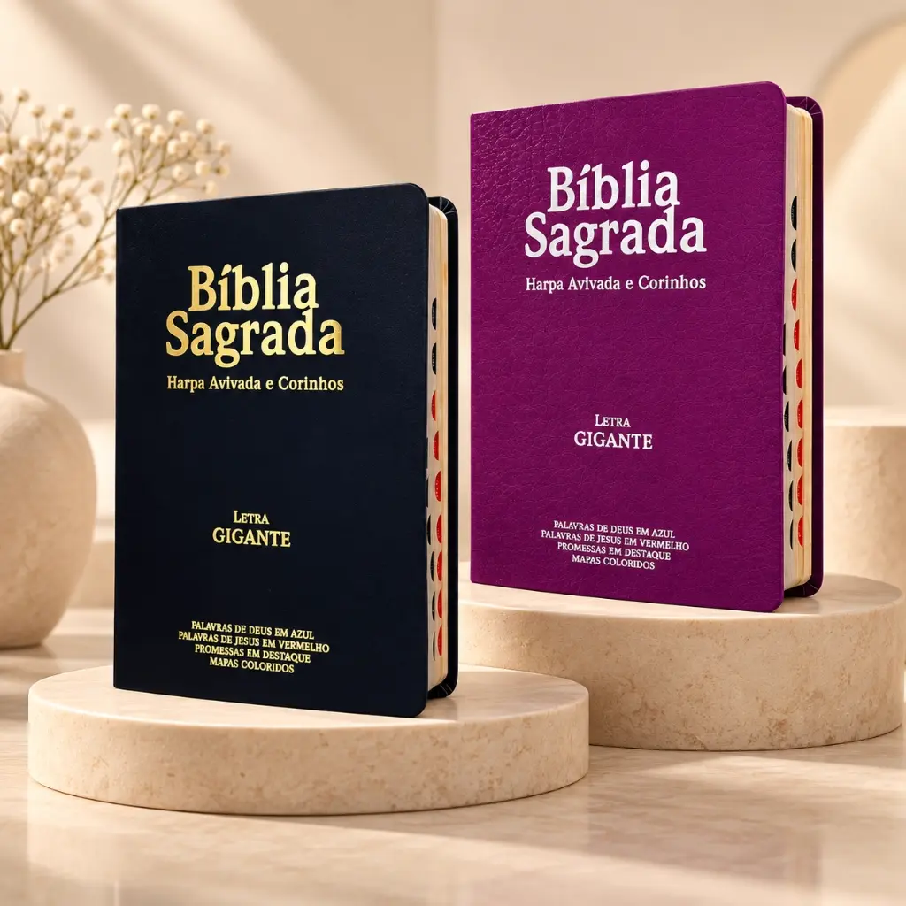 Duas Bíblias Sagradas sobre um púlpito, uma preta e uma roxa